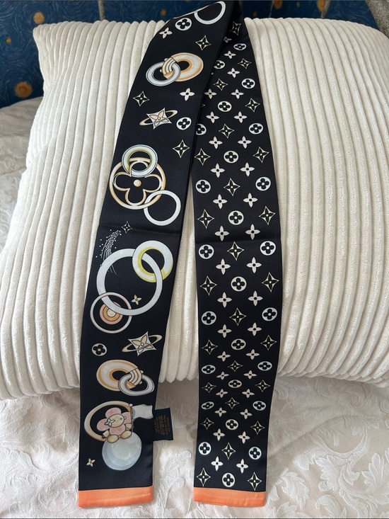The Unbranded Brand Accessories - Black Silk Feeling Polyester Double Sided Scarf or Twilly with Monogram Motif.
